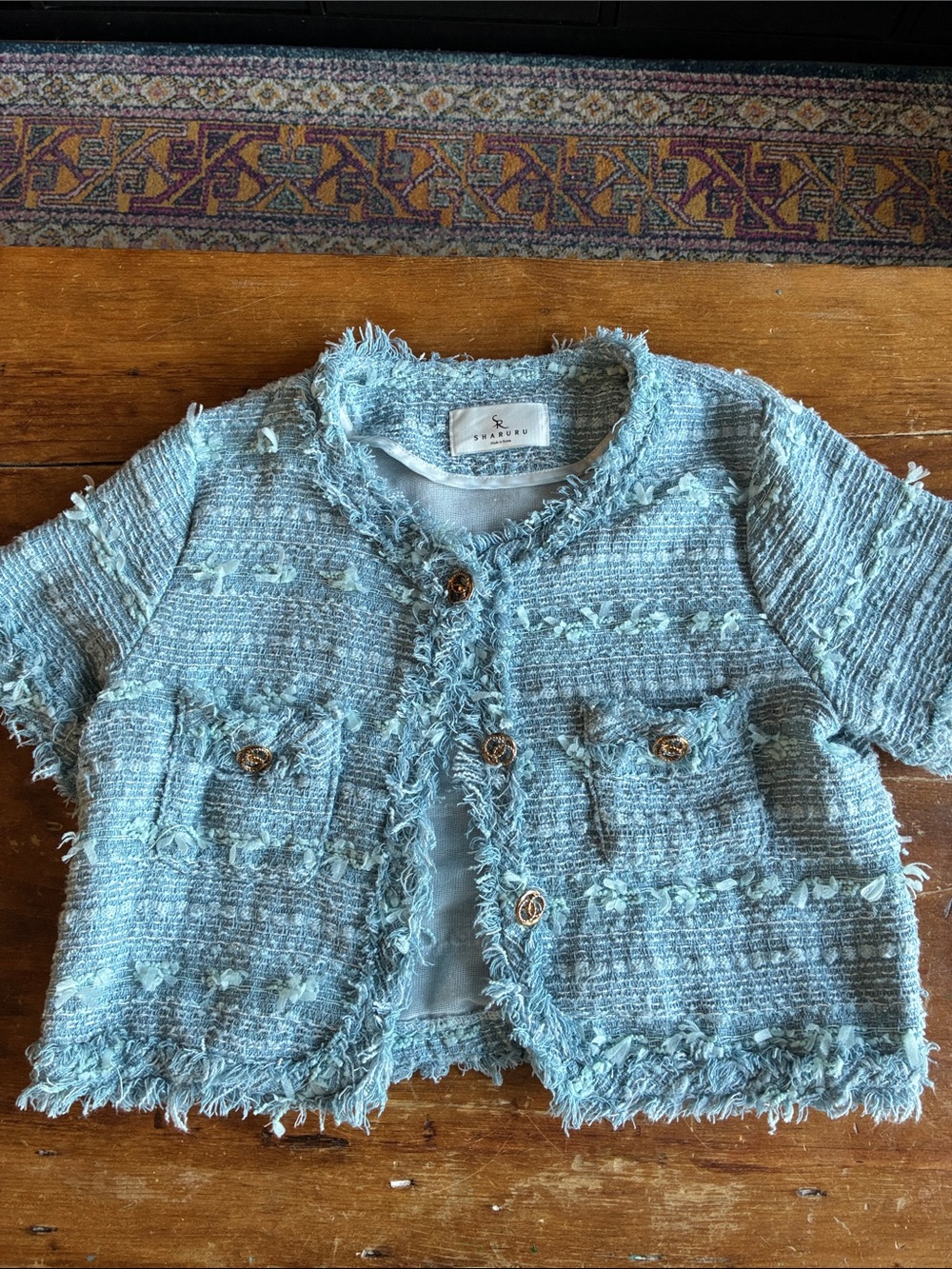 Sharuru Korean Blue Tweed Cropped Jacket Gold Buttons with Short Sleeves